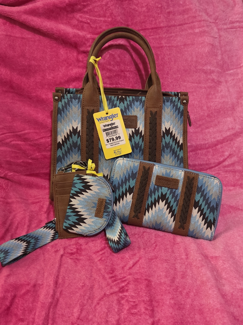 Wrangler Blue Aztec Tote Bag Set - Wallet & Coin Purse